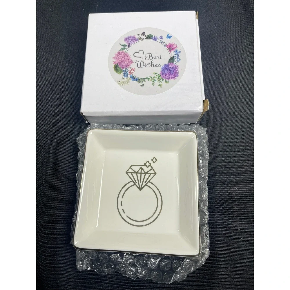 White Ceramic Diamond Ring Trinket Dish Gold Rim Square Jewelry Tray w/ Gift Box